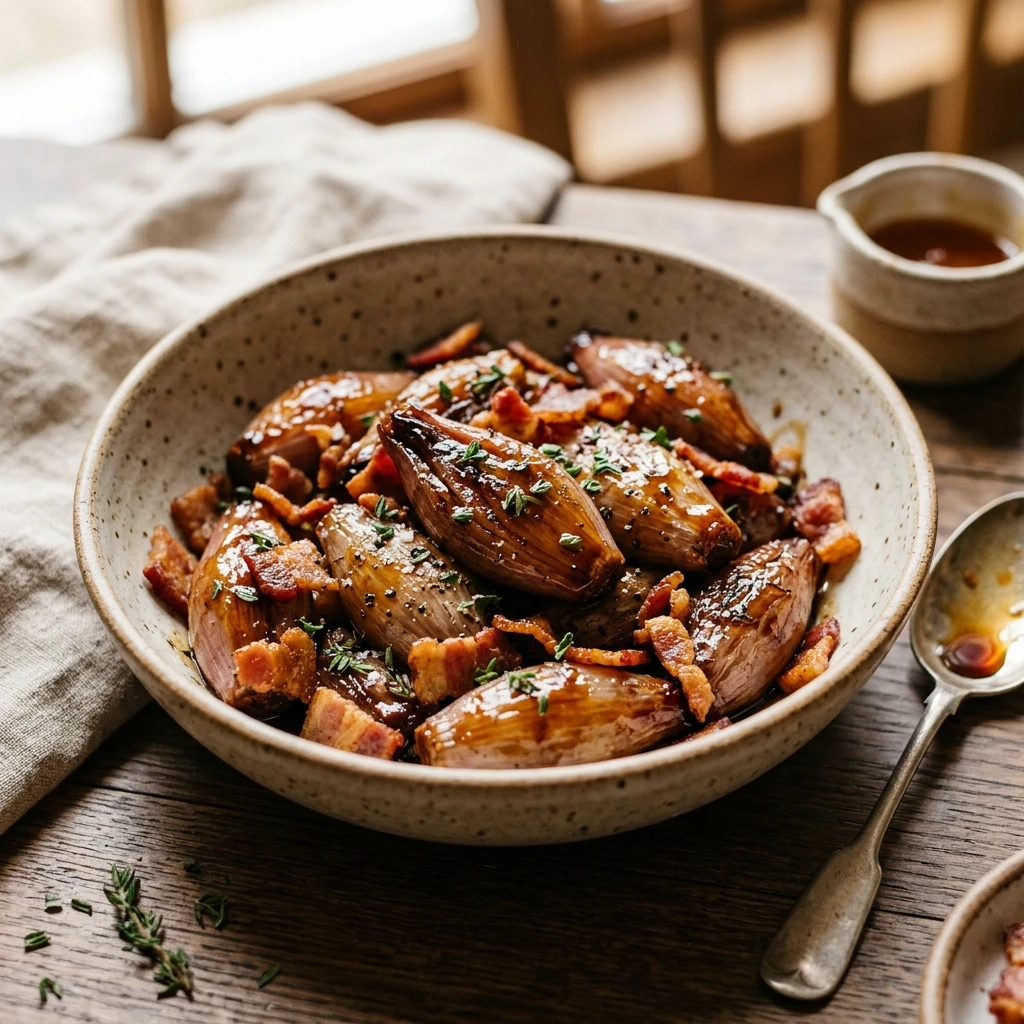 Honey-Glazed Shallots with Crispy Bacon, Honey and Balsamic