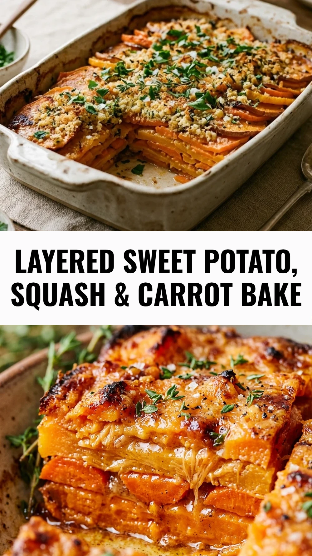 Layered Sweet Potato, Squash & Carrot Bake