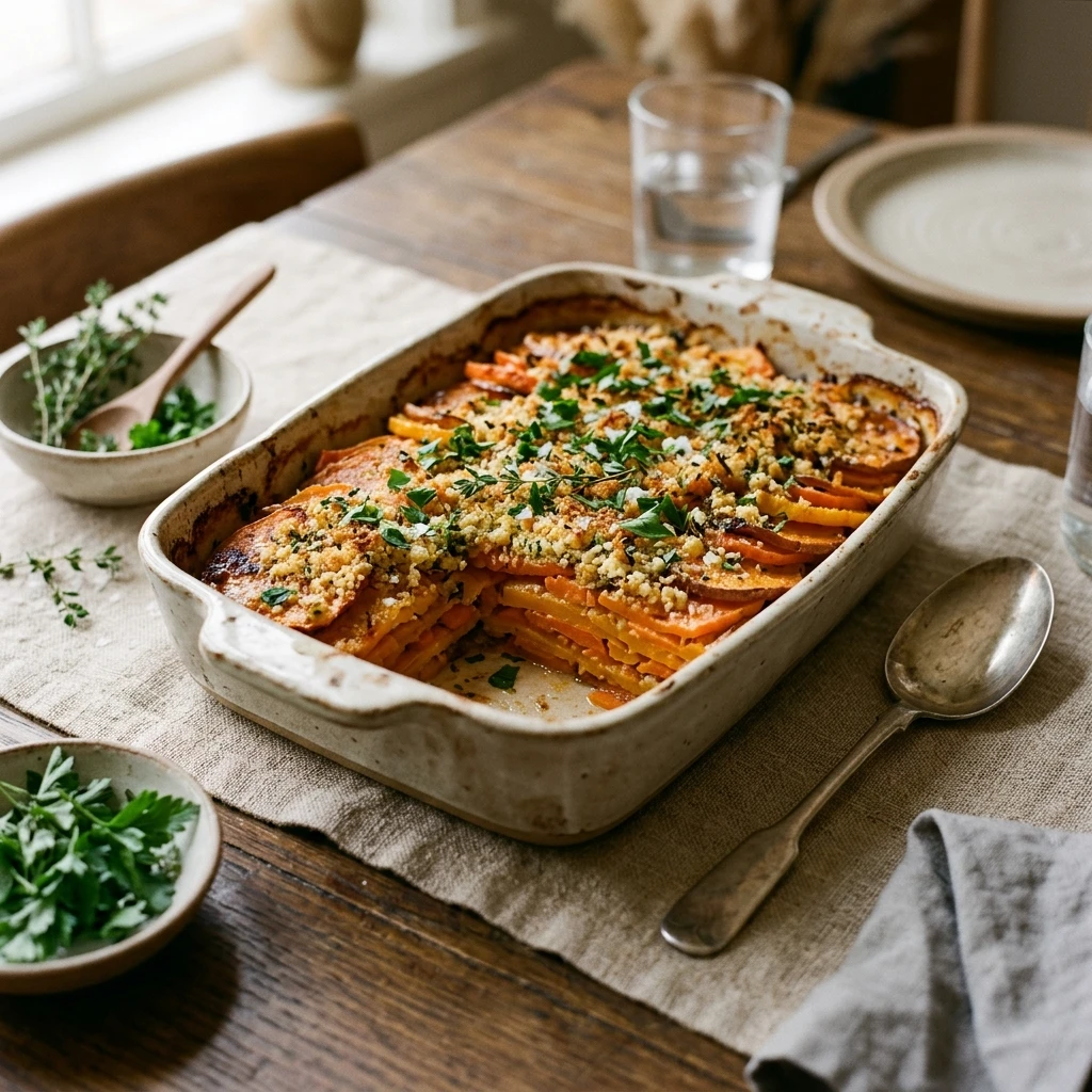 Layered Sweet Potato, Squash & Carrot Bake