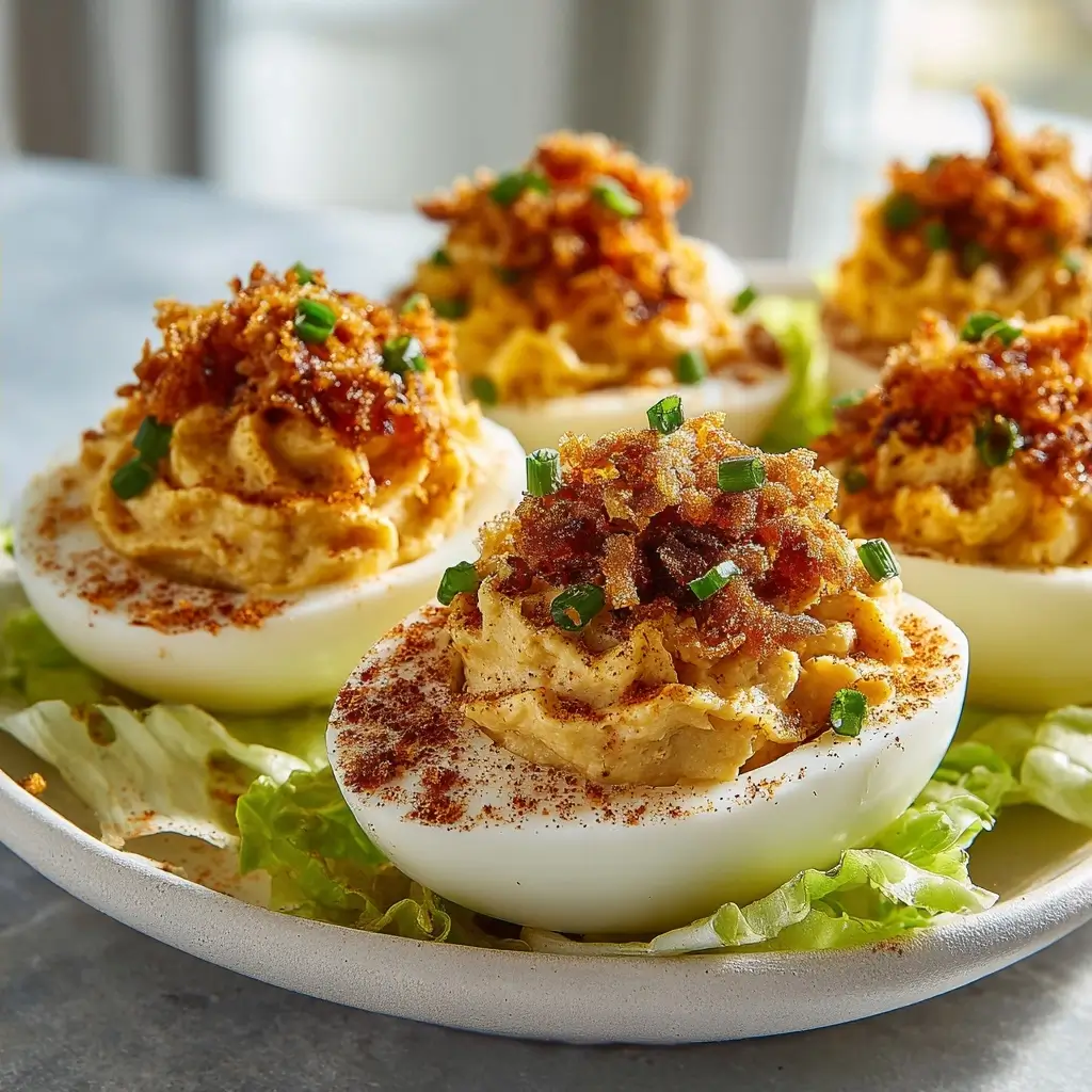 Bbq Deviled Eggs With Crispy Onion Topping
