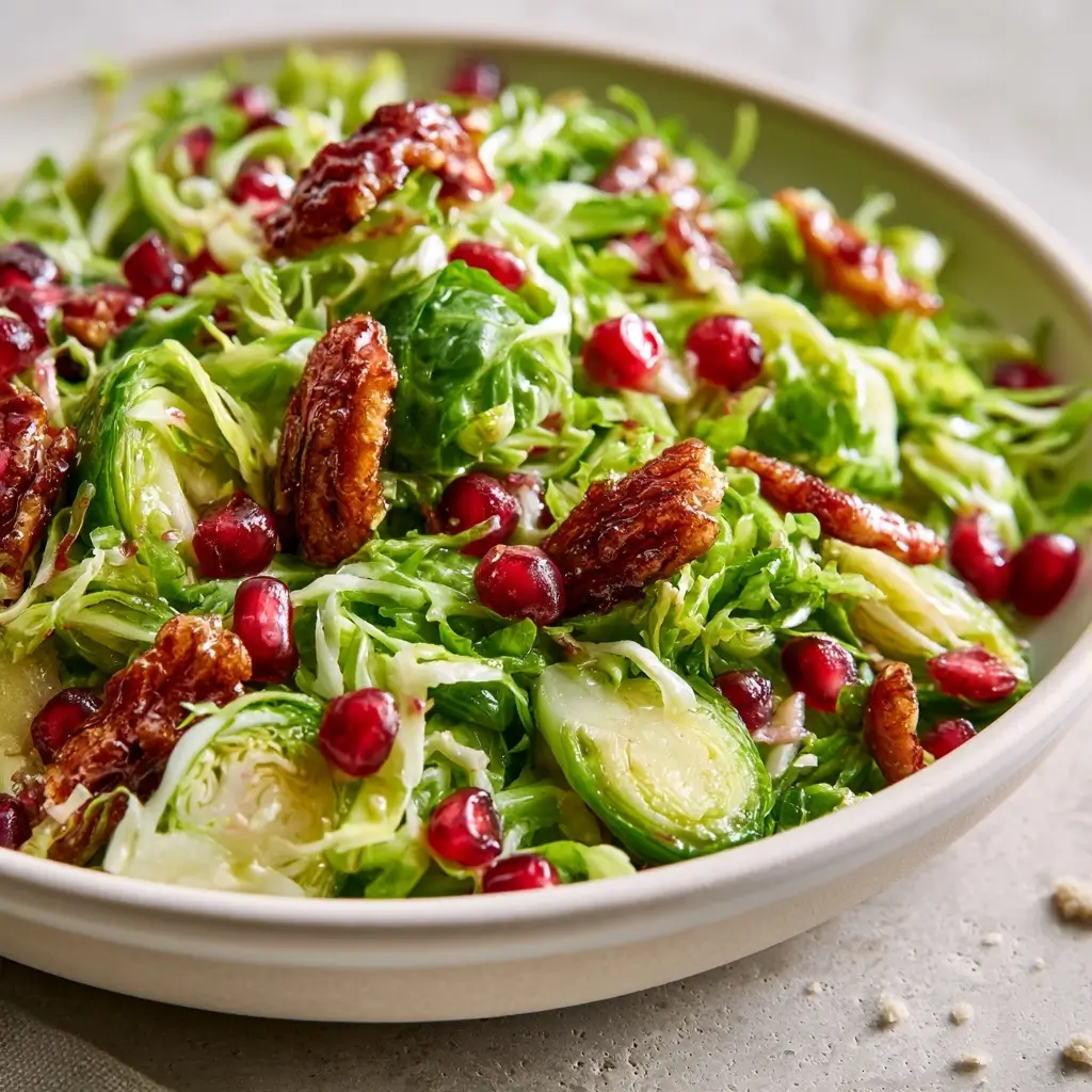 Shaved Brussels Sprout Salad With Pomegranate And Candied Pecans | Thanksgiving Salad