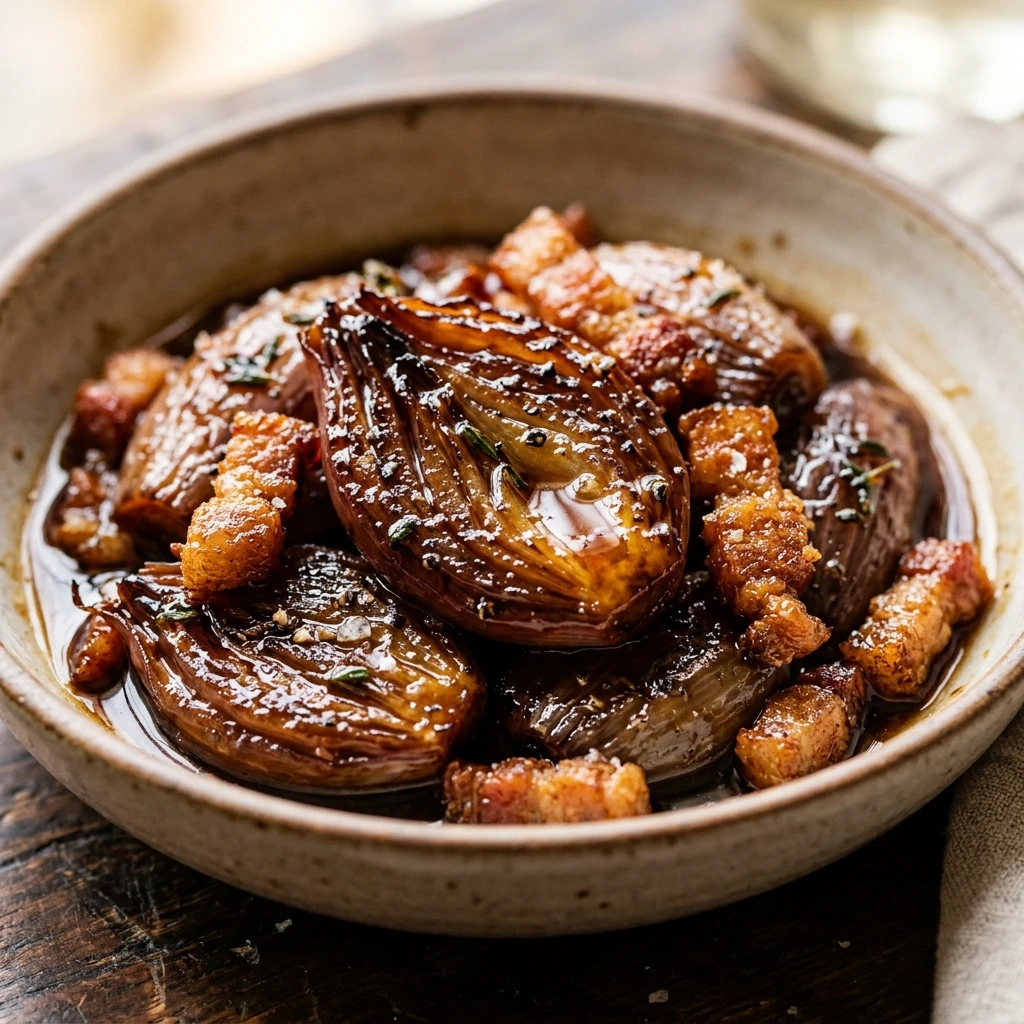 Honey-Glazed Shallots with Crispy Bacon, Honey and Balsamic